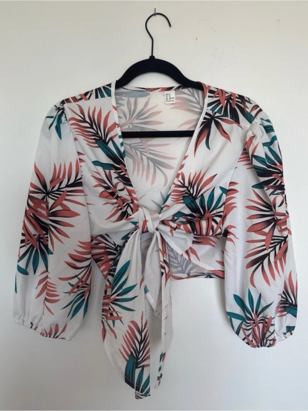 Tie-Front Tropical Print Crop Top and Matching Shorts - White with Coral & Teal